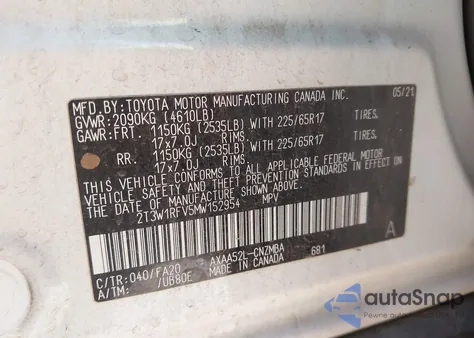 2021 Toyota Rav4 Xle из США, поврежденный, VIN 2T3W1RFV5MW152954